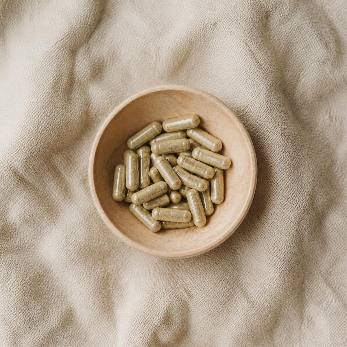 Wooden bowl of herbal supplement capsules on natural linen