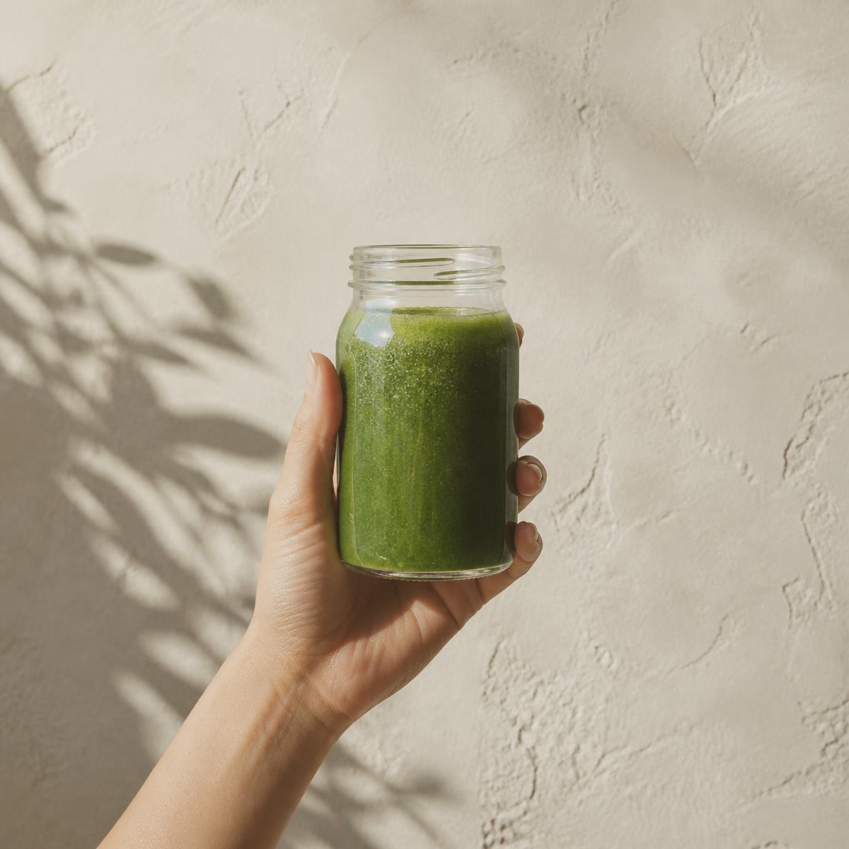 Hand holding a jar of fresh green juice against a soft plaster wall